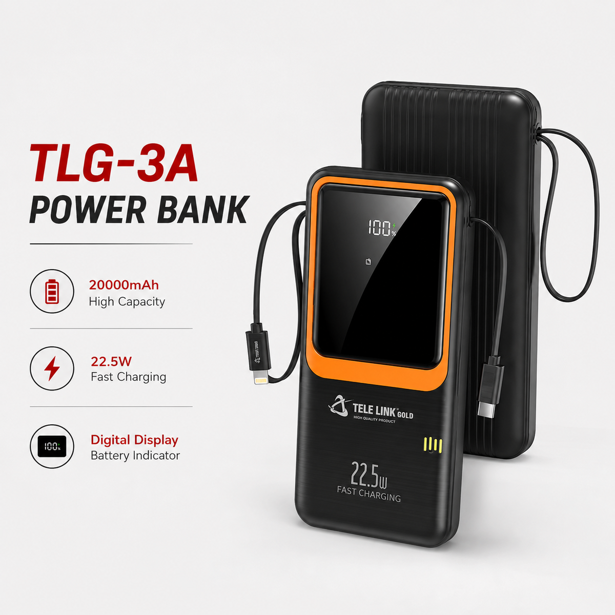 Tele Link Gold TLG-3A 20,000mAh Power Bank – 22.5W Fast Charging with Digital Display