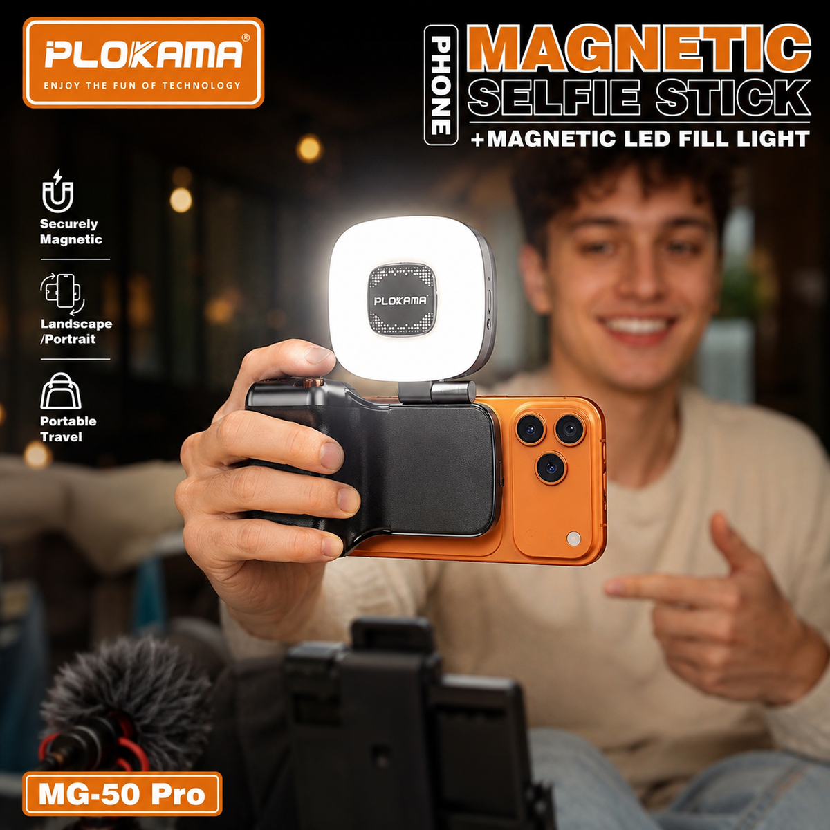 Plokama MG-50 Pro Magnetic Selfie Stick with LED Fill Light