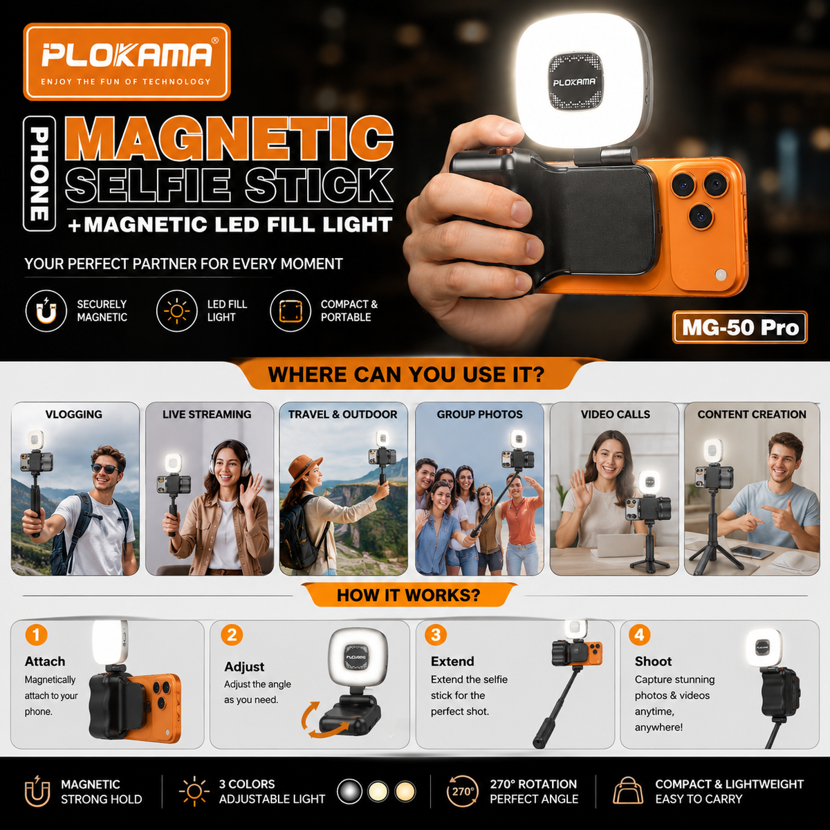 Plokama MG-50 Pro Magnetic Selfie Stick with LED Fill Light
