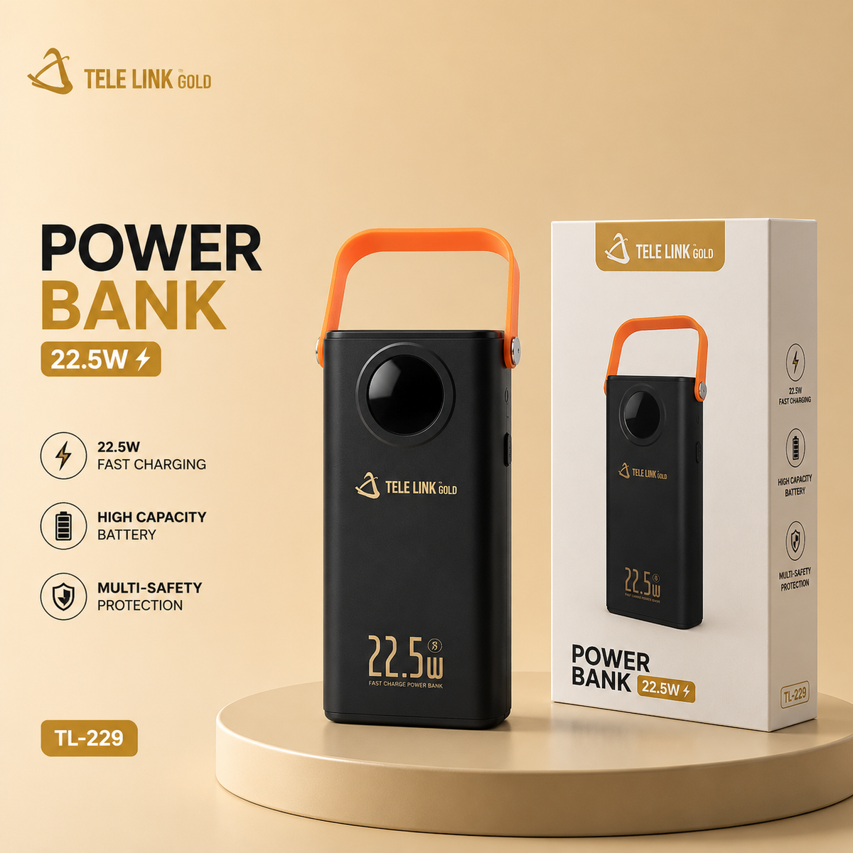 Tele Link Gold 30,000mAh Power Bank – PD 22.5W Fast Charging with Digital Display