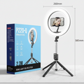 A stainless steel ring selfie stick with a built-in phone mount and tripod base, shown next to its retail box. The product is labeled with dimensions 260mm in width and 585mm in height, and the box is labeled P220-Q Stainless Steel 2.