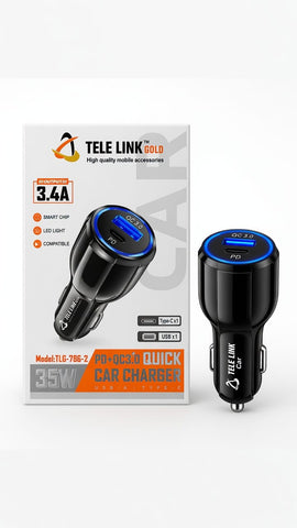 TELE LINK GOLD TLG-786-2 35W PD + QC 3.0 Fast Car Charger – USB-C & USB-A Dual Port