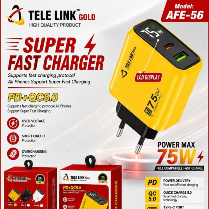 TELE LINK GOLD AFE-56 75W Super Fast Charger (PD + QC 5.0) with LCD Display