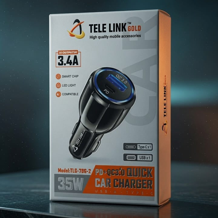TELE LINK GOLD TLG-786-2 35W PD + QC 3.0 Dual Port Fast Car Charger