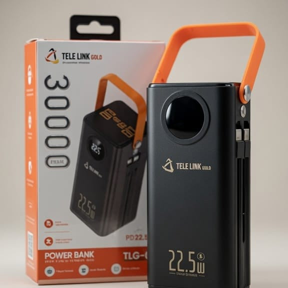 Tele Link Gold 30,000mAh Power Bank – PD 22.5W Fast Charging with Digital Display